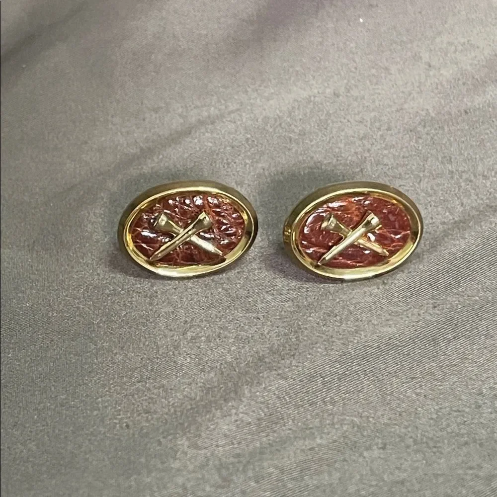 Vintage signed Anson cufflinks golf tees w leather goldtone